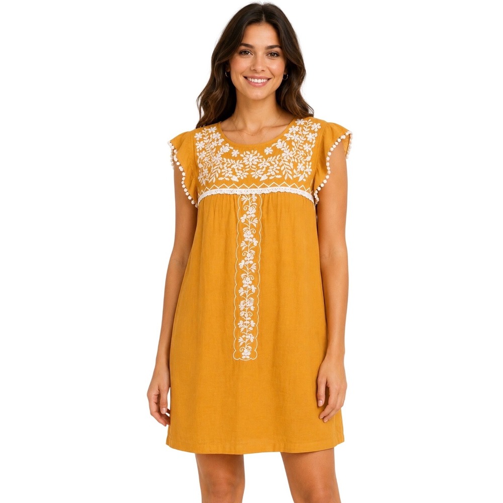 THML Mustard Yellow Embroidered Flutter Sleeve Shift Dress XS Boho Pom Pom Trim